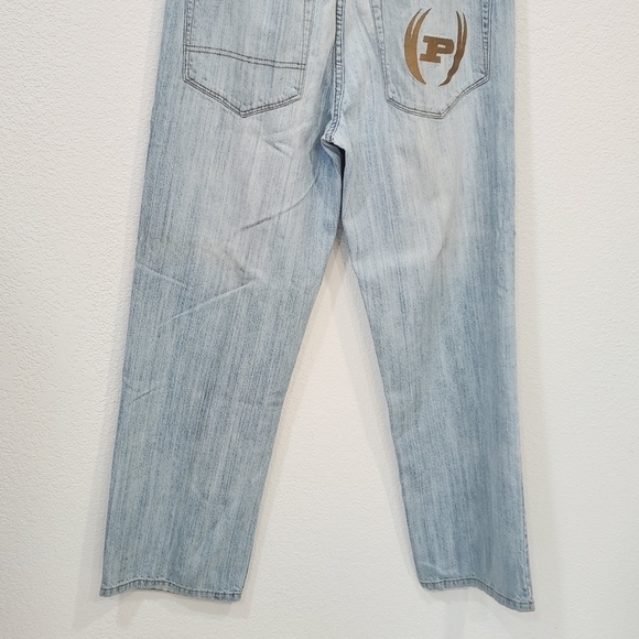 PHAT Farm Y2K Baggy Wide Pipe Leg Skater Light Blue Denim Mens Jeans 34x33 - Picture 9 of 13